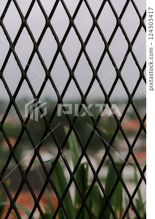 fence with metal grid fence with metal grid 124303417
