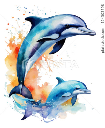 A watercolor painting of a dolphin jumping out of flowers A watercolor painting of a dolphin jumping out of flowers 124303598