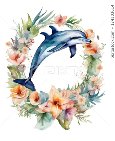 A watercolor painting of a dolphin jumping out of flowers 124303614