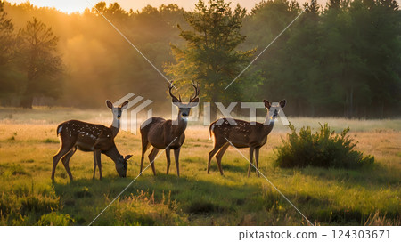 A family of deer grazing in a meadow at sunrise 124303671