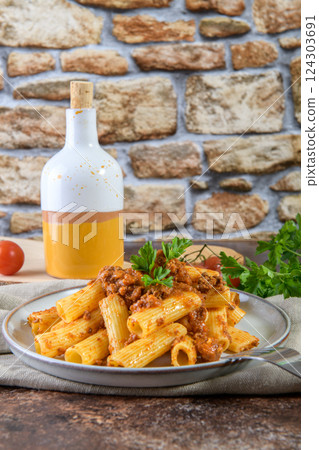 Rigatoni pasta with Bolognese sauce decorated with parsley on rustic style background 124303691
