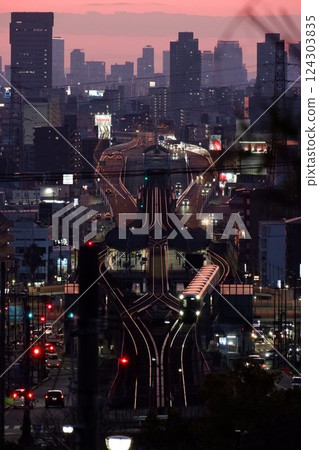 Osaka night view from above Shin-Ishikiri Station on the Kintetsu Higashi-Osaka Line Osaka night view from above Shin-Ishikiri Station on the Kintetsu Higashi-Osaka Line 124303835