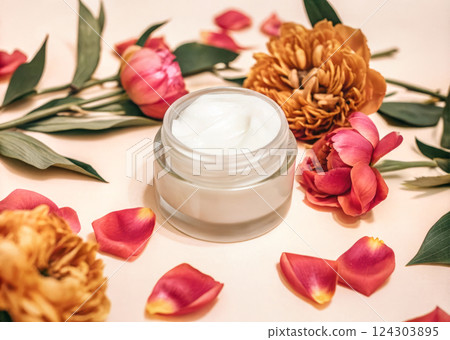 Cosmetic products and blossom flowers on studio pack shot 124303895
