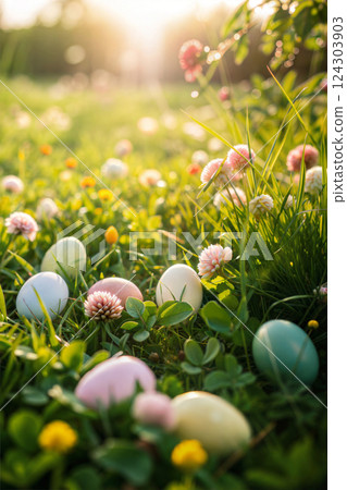 Colored eggs waiting Easter hunt 124303903