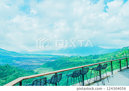 A cafe with a panoramic view of the Kintamani Plateau in Bali A cafe with a panoramic view of the Kintamani Plateau in Bali 124304056