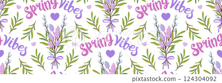 Spring vibes seamless pattern. Delicate floral background. Bouquet of seasonal flowers, willow branches, crocuses and lilac. For wallpaper, textiles, wrapping paper, postcards. Vector illustration. Spring vibes seamless pattern. Delicate floral background. Bouquet of seasonal flowers, willow branches, crocuses and lilac. For wallpaper, textiles, wrapping paper, postcards. Vector illustration. 124304092
