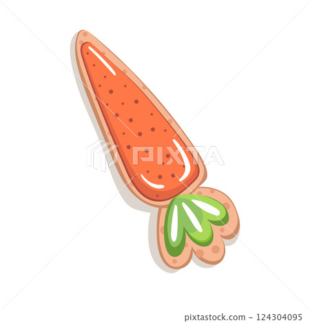Cute Easter Cookie shaped Carrot. Cookie is decorated with icing in pastel shades. Festive sweet pastries. For greeting cards, packaging, festive menu. Cute vector cartoon illustration. Cute Easter Cookie shaped Carrot. Cookie is decorated with icing in pastel shades. Festive sweet pastries. For greeting cards, packaging, festive menu. Cute vector cartoon illustration. 124304095