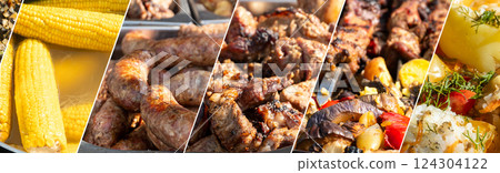 Food collage of main courses with meat and stewed vegetables. Composite image. 124304122