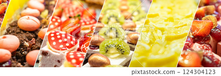 Food collage of pastries and Eastern sweets 124304123