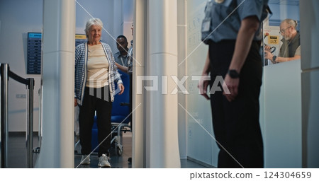 Elderly Woman Getting Up from Wheelchair, Passing X-ray Metal Detector Scanner in Airport Terminal Elderly Woman Getting Up from Wheelchair, Passing X-ray Metal Detector Scanner in Airport Terminal 124304659