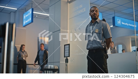 Security Officer Inspecting Young Man with Bionic Prosthetic Leg for Boarding Flight 124304675