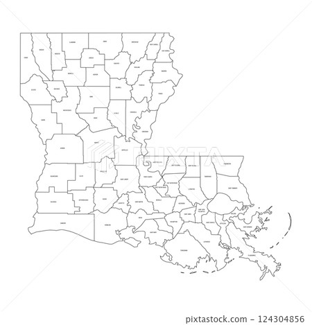 Louisiana, LA - detailed political map of US state. Administrative map divided into counties. Thin black outline map with county name labels. Vector illustration 124304856