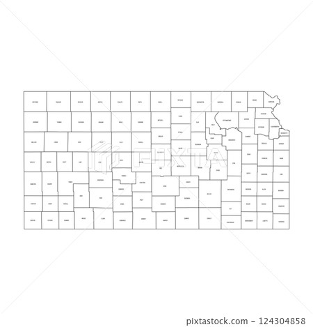 Kansas, KS - detailed political map of US state. Administrative map divided into counties. Thin black outline map with county name labels. Vector illustration Kansas, KS - detailed political map of US state. Administrative map divided into counties. Thin black outline map with county name labels. Vector illustration 124304858