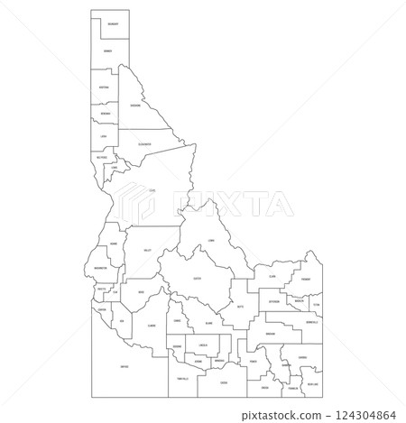 Idaho, ID - detailed political map of US state. Administrative map divided into counties. Thin black outline map with county name labels. Vector illustration Idaho, ID - detailed political map of US state. Administrative map divided into counties. Thin black outline map with county name labels. Vector illustration 124304864