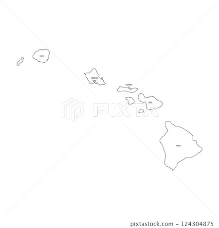 Hawaii, HI - detailed political map of US state. Administrative map divided into counties. Thin black outline map with county name labels. Vector illustration 124304875