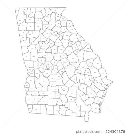 Georgia, GA - detailed political map of US state. Administrative map divided into counties. Thin black outline map with county name labels. Vector illustration 124304876