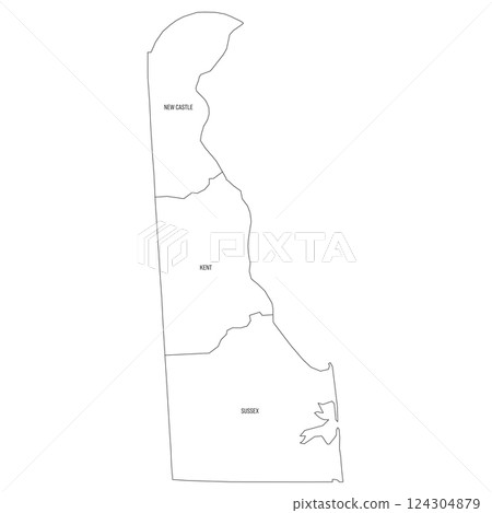 Delaware, DE - detailed political map of US state. Administrative map divided into counties. Thin black outline map with county name labels. Vector illustration 124304879