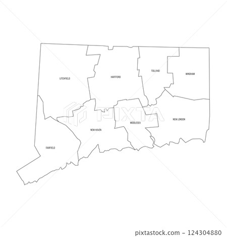 Connecticut, CT - detailed political map of US state. Administrative map divided into counties. Thin black outline map with county name labels. Vector illustration Connecticut, CT - detailed political map of US state. Administrative map divided into counties. Thin black outline map with county name labels. Vector illustration 124304880