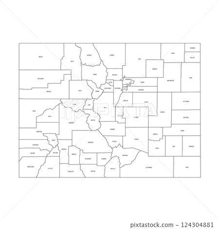 Colorado, CO - detailed political map of US state. Administrative map divided into counties. Thin black outline map with county name labels. Vector illustration 124304881