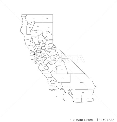 California, CA - detailed political map of US state. Administrative map divided into counties. Thin black outline map with county name labels. Vector illustration 124304882