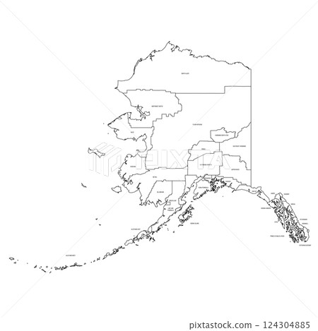 Alaska, AK - detailed political map of US state. Administrative map divided into counties. Thin black outline map with county name labels. Vector illustration Alaska, AK - detailed political map of US state. Administrative map divided into counties. Thin black outline map with county name labels. Vector illustration 124304885