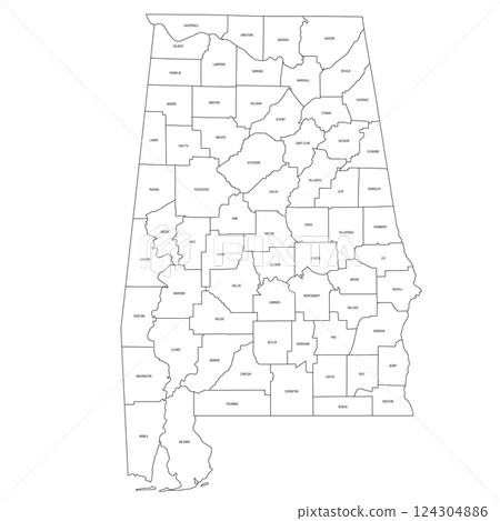 Alabama, AL - detailed political map of US state. Administrative map divided into counties. Thin black outline map with county name labels. Vector illustration Alabama, AL - detailed political map of US state. Administrative map divided into counties. Thin black outline map with county name labels. Vector illustration 124304886