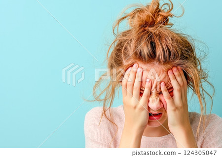 Woman Experiencing Head Pain in Bright Room Emotional Portrait Close-up Stress Concept Woman Experiencing Head Pain in Bright Room Emotional Portrait Close-up Stress Concept 124305047