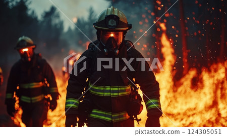 Brave Firefighters Battling Forest Inferno Wildfire Scene Night Action-Packed Rescue 124305051