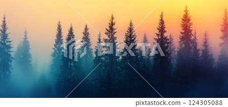 Misty Forest Exploration Majestic Pines in Tranquil Nature 124305088