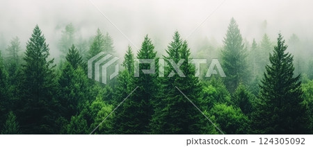 Misty Evergreen Trees Aerial Nature Photography of Serenity Misty Evergreen Trees Aerial Nature Photography of Serenity 124305092
