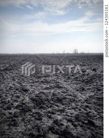 Landscape - black soil and blue sky. Black soil prepared for planting crop and blue perfect sky. Rich harvest concept. Agricultural background. Concept of farming Landscape - black soil and blue sky. Black soil prepared for planting crop and blue perfect sky. Rich harvest concept. Agricultural background. Concept of farming 124305161