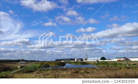 The road outside the city. Highway along the village in the countryside. View from the right side window of a moving car. Sunny weather, beautiful lake landscape The road outside the city. Highway along the village in the countryside. View from the right side window of a moving car. Sunny weather, beautiful lake landscape 124305350