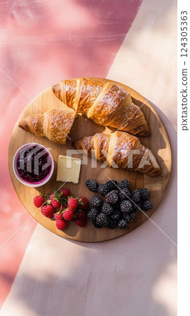 beautifully arranged breakfast board with flaky croissants, vibrant berry jam, creamy butter, and fresh berries on a dual-tone background, warm pastel and cool contrast, soft morning light 124305363