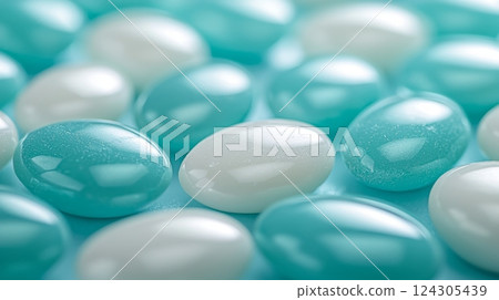 Delicious Light Teal and White Candies Sweet Treats Close-Up Studio Setting Food Photography 124305439
