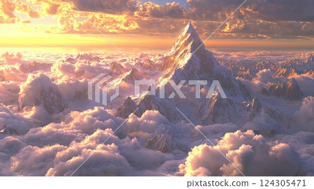 Serene Snowy Mountain Peaks Above Ocean Clouds Aerial Landscape Photography 124305471