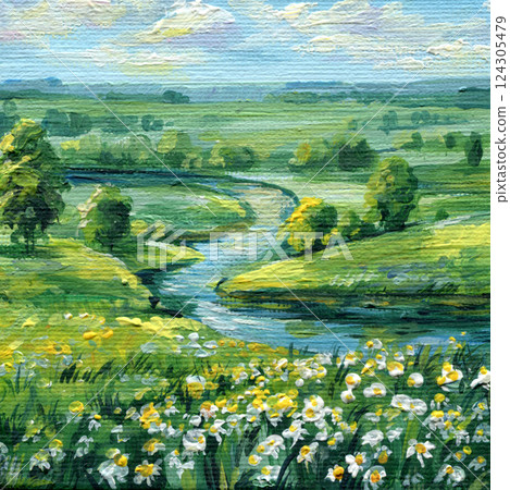 rolling green hills, winding river, vibrant wildflowers, fresh spring landscape, countryside oil painting on canvas rolling green hills, winding river, vibrant wildflowers, fresh spring landscape, countryside oil painting on canvas 124305479