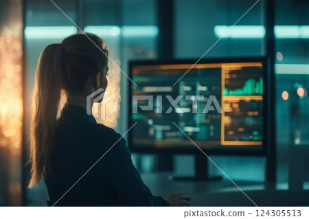 Futuristic Businesswoman Interacting with Digital Interface 124305513