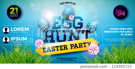 Easter Party Flyer Illustration with Flower, Painted Eggs and Typography Lettering on Nature Blue Background. Vector Spring Religious Holiday Celebration Poster Design Template for Banner or Easter Party Flyer Illustration with Flower, Painted Eggs and Typography Lettering on Nature Blue Background. Vector Spring Religious Holiday Celebration Poster Design Template for Banner or 124305725