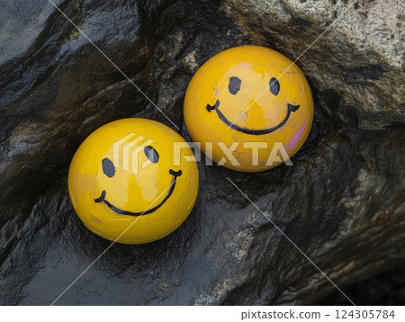 Smiley Face Balls on Textured Stone Surface Still Life Nature Close-up Playfulness 124305784