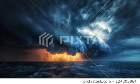 暴風雨景觀與強烈的閃電和烏雲在海洋上空 124305964