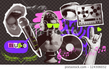 Collage set of trendy halftone elements with 90s rock music retro nostalgia vibe. Torn out trendy Y2K elements with antique statue in headphones. Paper stickers Vector illustration. Collage set of trendy halftone elements with 90s rock music retro nostalgia vibe. Torn out trendy Y2K elements with antique statue in headphones. Paper stickers Vector illustration. 124306032