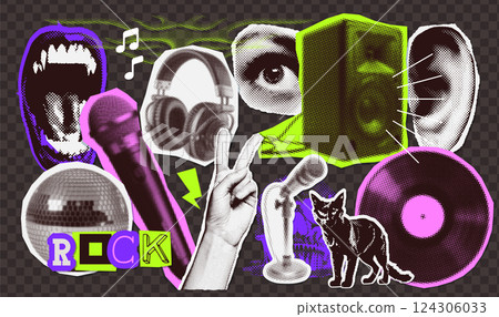 Rock Music karaoke halftone collage elements set. Hands, microphones, headphones, eye, singing mouths, ear torn paper stickers. Trendy modern retro grunge vector illustration on dark background Rock Music karaoke halftone collage elements set. Hands, microphones, headphones, eye, singing mouths, ear torn paper stickers. Trendy modern retro grunge vector illustration on dark background 124306033