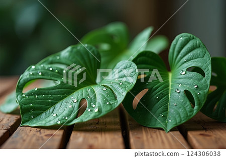 green leaf on wood 124306038