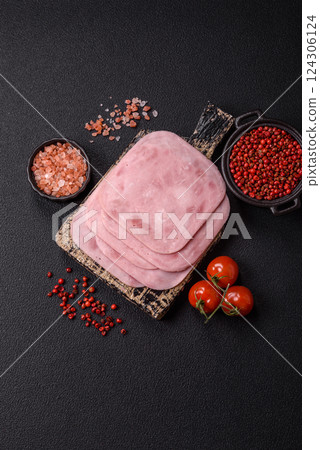 Boiled ham with salt and spices cut into slices Boiled ham with salt and spices cut into slices 124306124