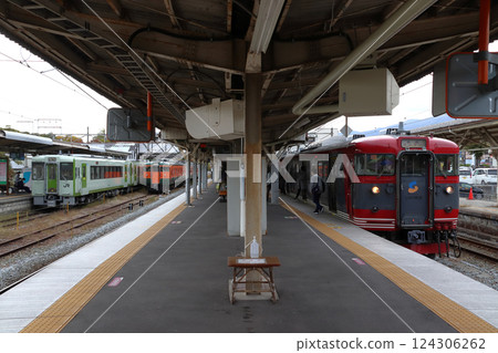 Koumi Line Kiha 110 Series and Shinano Railway Line 115 Series trains parked at Komoro Station 124306262
