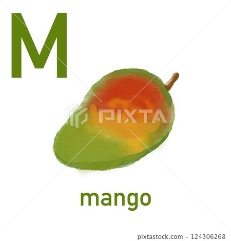 Watercolor English alphabet made of cute fruits and vegetables. Watercolor illustration of food. Vegetarian alphabet. Back to school. Mango 124306268