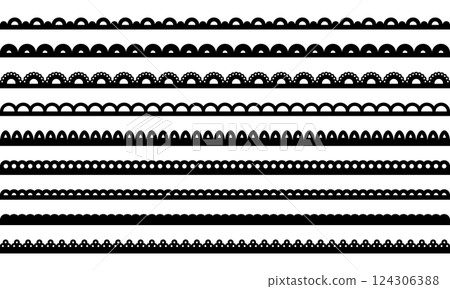 Lace scallop fabric edge. Frame border with pattern. Ribbon with ornament. Vector collection of stripes isolated on white background. 124306388