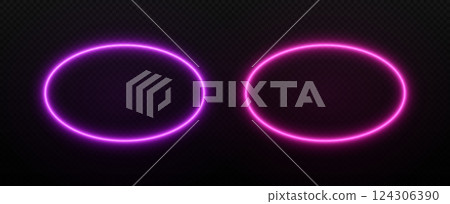 Oval neon glow frame. Ellipse border light with laser effect. Vector electric led templates for text. 124306390