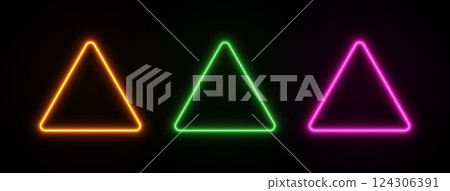 Neon triangles frame light. LED glow border in gold, green and pink color. Vector laser template for design with text isolated on dark background. 124306391