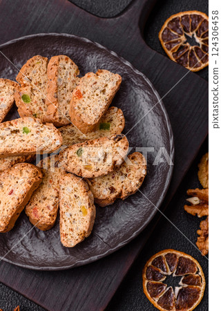 Freshly baked Italian cantuccini cookies with nuts and candied fruits 124306458